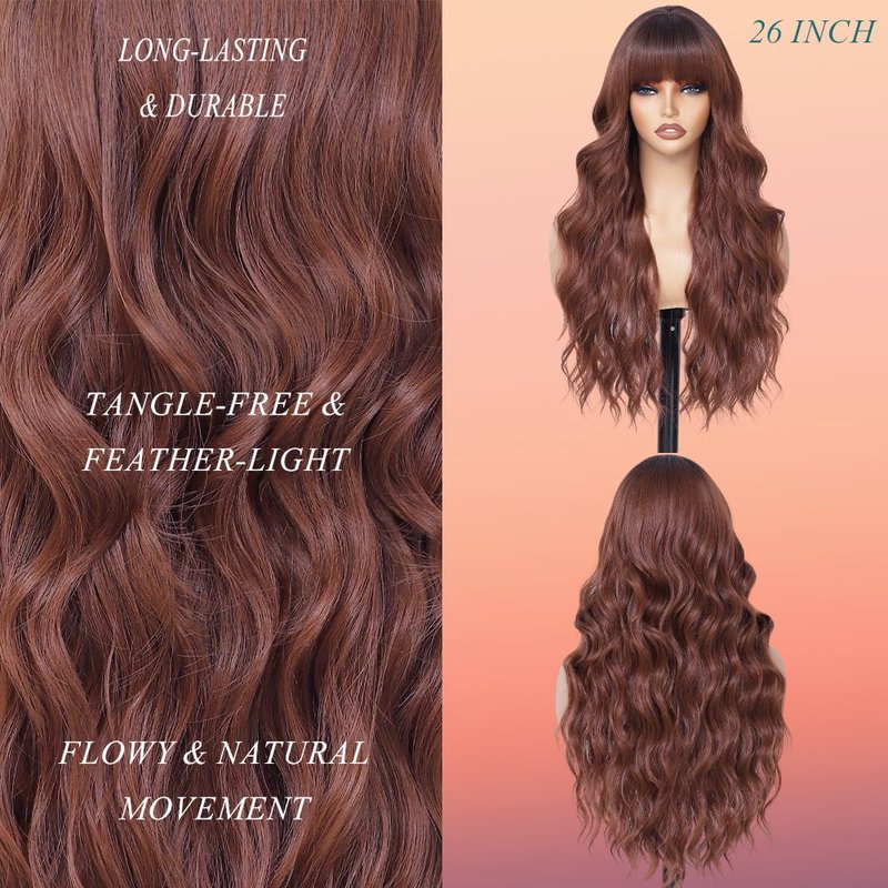 Auburn Wig with Bangs - 26-Inch Wavy Curly Reddish Brown Hair | Soft, Natural-Looking Daily Wear for Women