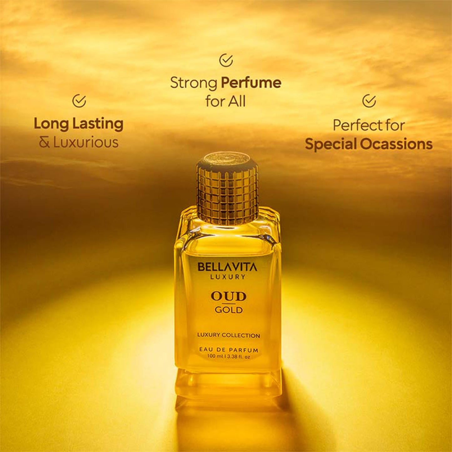Bellavita Luxury Oud Gold Eau de Parfum | 100 ml (3.4 fl.oz.) | Perfume for Men and Women | Fruity, Caramel, Rose, and Ambery Oud Notes | Long Lasting Unisex Fragrance