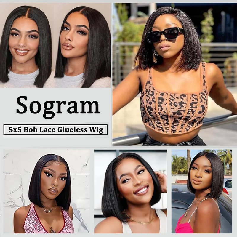 Sogram Bob Wig Human Hair 13x6 Lace Front Wigs Human Hair 180% Density Straight Frontal HD Transparent Short Bob Wigs for Black Women Pre Plucked Blunt Cut Wig(12 Inch)