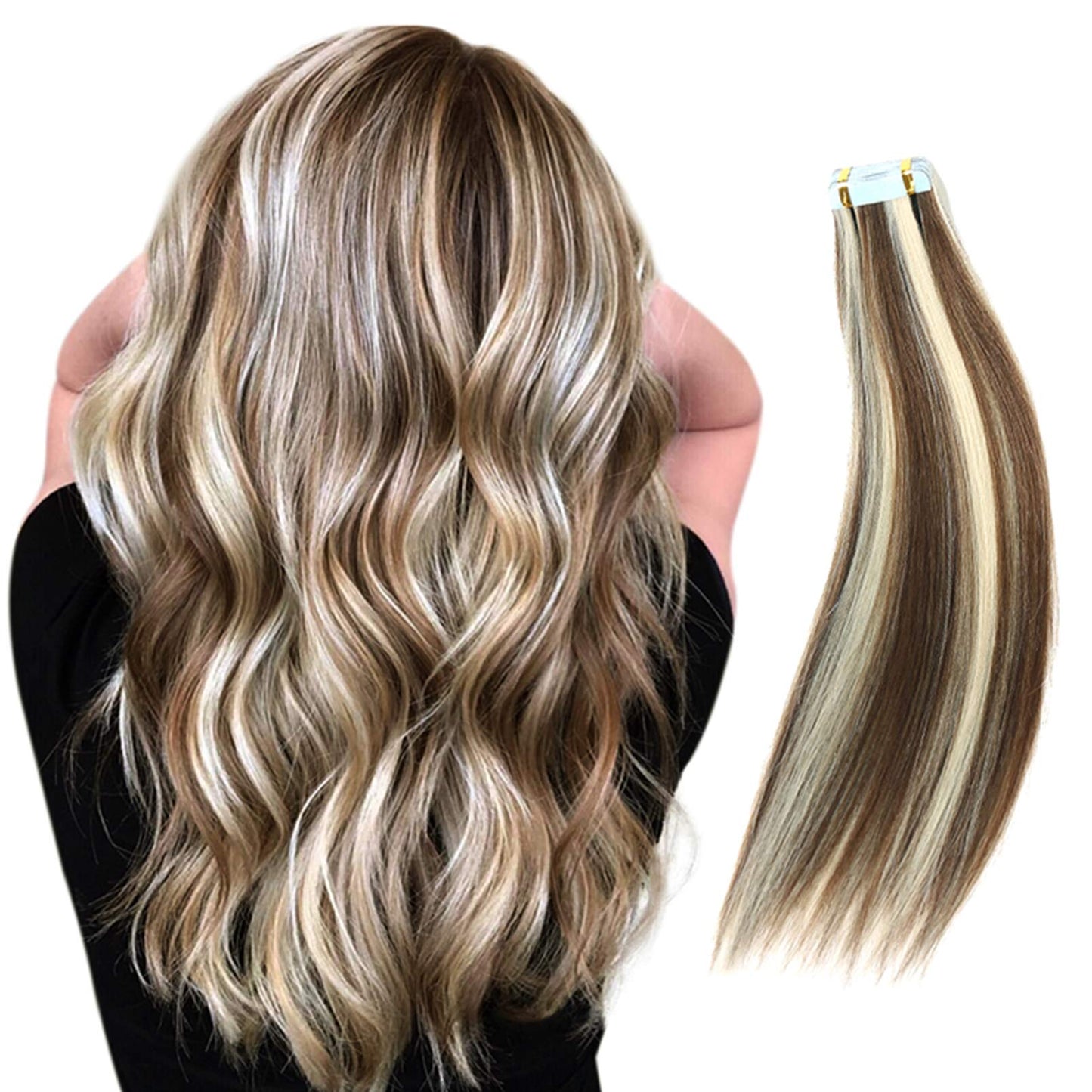 RINBOOOL Tape in Hair Extensions Human Hair, 16 Inch 40 Gram 20 Pieces, Real Natural Remy, 2 Tone Piano Color, Platinum Blonde Highlighted Medium Brown, 6/60