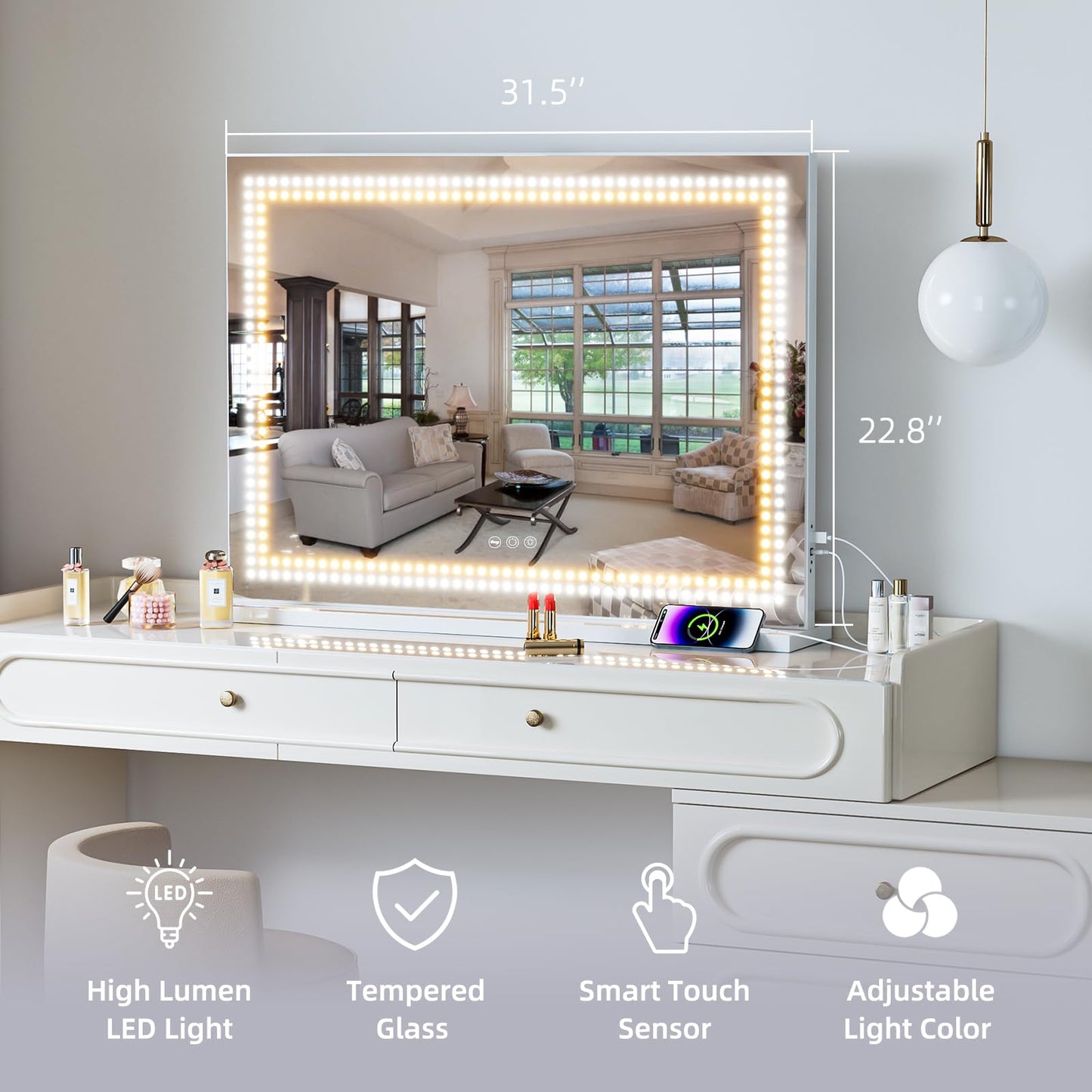 Vanity Mirror with Lights Tempered Glass 22.8" x 18.1" Lighted Makeup Mirror with Light Strip Crushed Crystal 3 Colors Modes Dimmable Lights USB Port and 10X Magnification, White (9.84" x11.81")