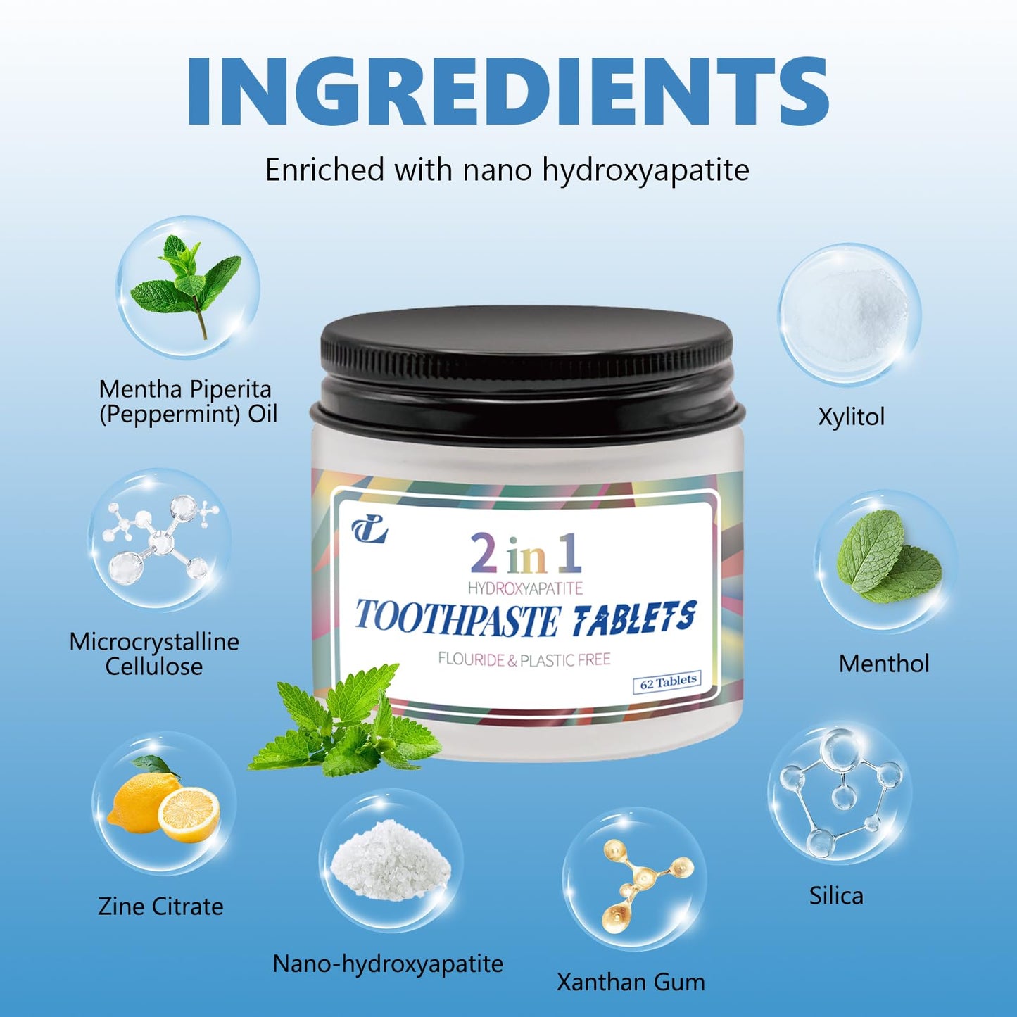 Toothpaste Tablets with Nano Hydroxyapatite – 2-in-1 Chewable Mint Tablets for Fresh Breath & Daily Cleaning, Fluoride-Free, Travel Friendly Jar, 62 Count (1)