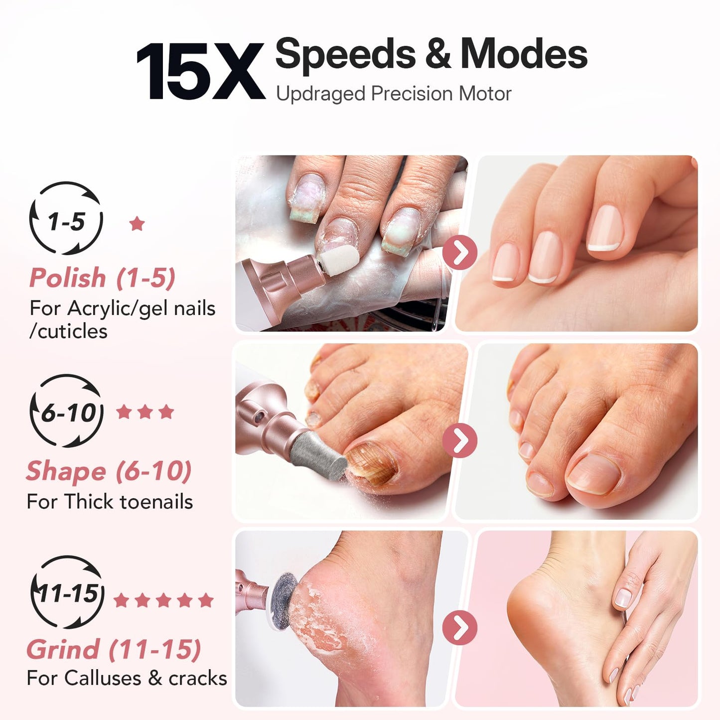 Litbear Electric Nail Drill File Set, 15 Speed Professional Thick Toenail Grinder, Cordless Pedicure Manicure Tool Callus Remover for Women Men Senior Hand Feet Care, Home Salon Use (White)
