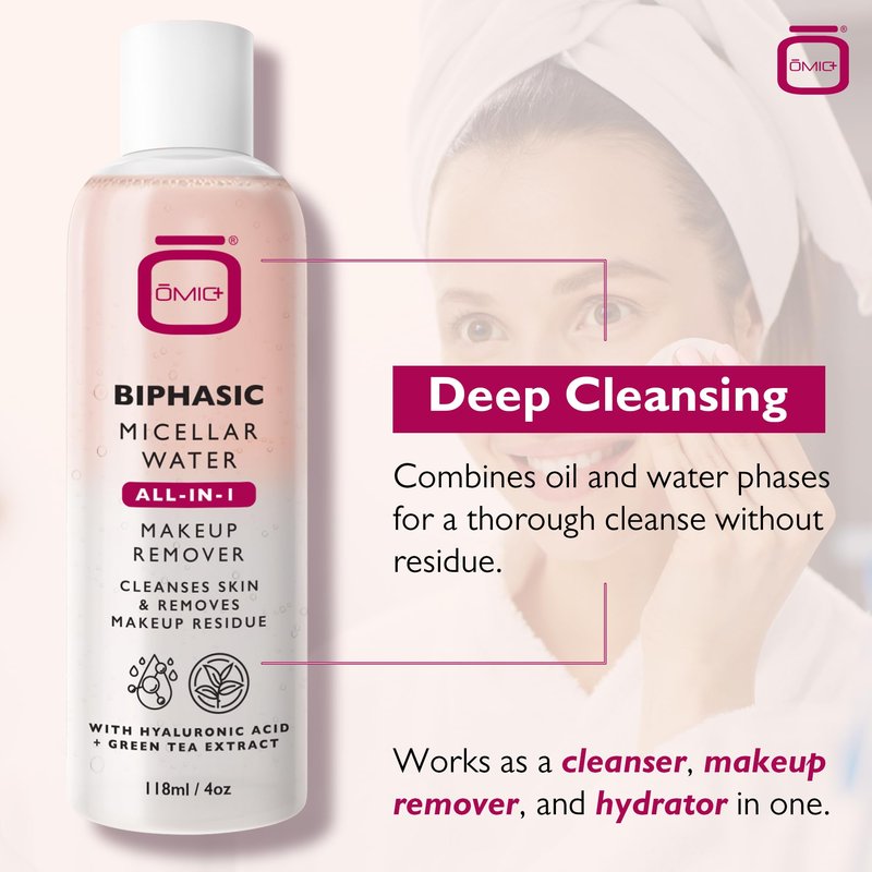 OMIC Biphasic Micellar Water - 4 oz / 118ml - All-in-1 Gentle Makeup Remover & Cleanser - Hydrating Facial Cleanser, Makeup Remover with Hyaluronic Acid and Green Tea Extract for All Skin Types