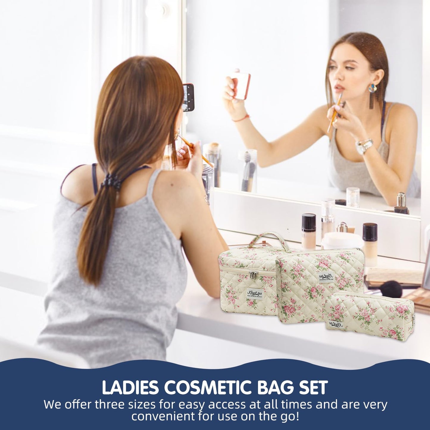 Quilted Floral Makeup Bag 3PCS, Cute Cotton Coquette Aesthetic Travel Toiletry Bag, Zipper Cosmetic Pouch, Daily Travel Use Skincare Bag, Large Capacity (Powder Blue Botanical)
