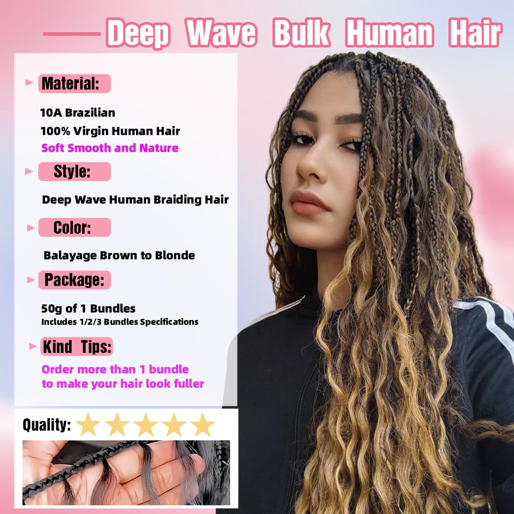 "Human Braiding Hair, 2 Bundle 100g 16 Inch Boho Braids Human Hair 12A Deep Wave Bulk Brazilian Virgin No Weft Wavy Hair Extension for Boho Knotless Balayage Brown to Blonde"