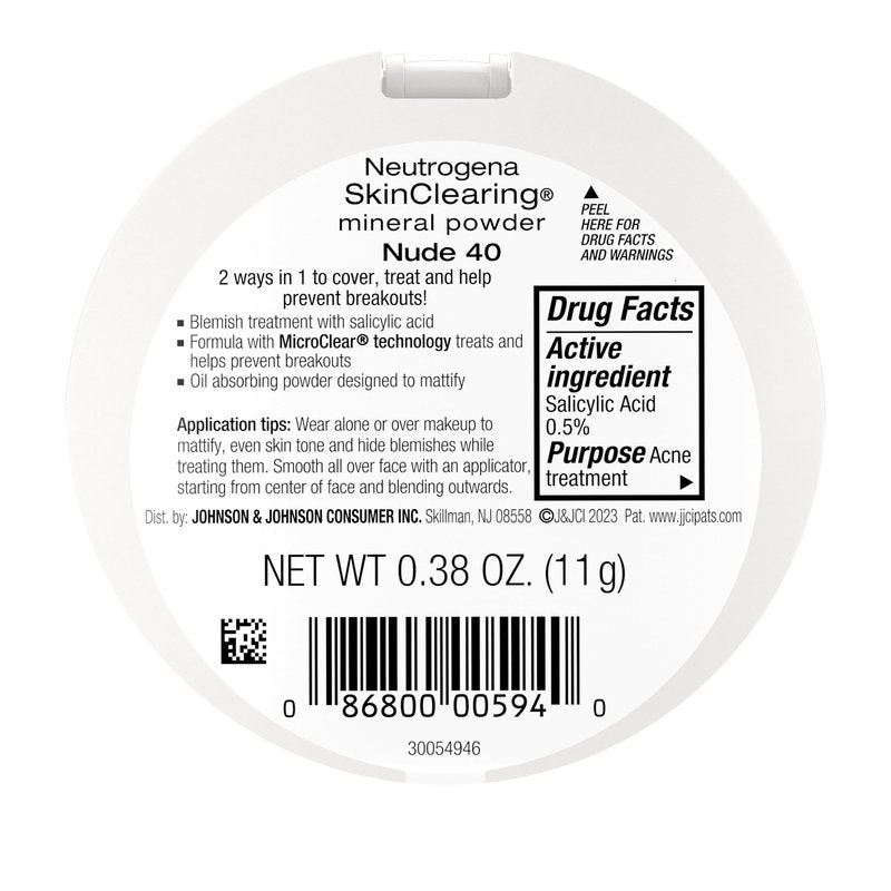 Neutrogena SkinClearing Mineral Acne-Concealing Pressed Powder Compact, Shine-Free & Oil-Absorbing Makeup with Salicylic Acid to Cover, Treat & Prevent Acne Breakouts, Nude 40, .38 oz (Pack of 2)
