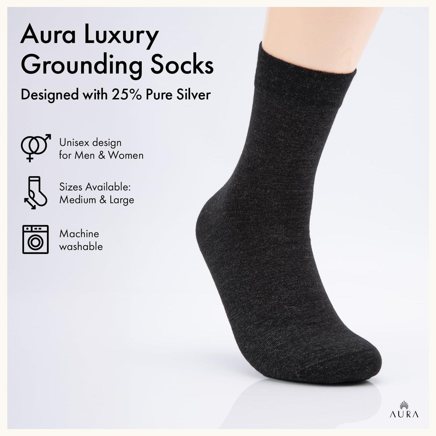 Aura™ Luxury Grounding Socks for Feet - 25% Pure Silver Grounding Socks for Women & Men - Black, Size Medium