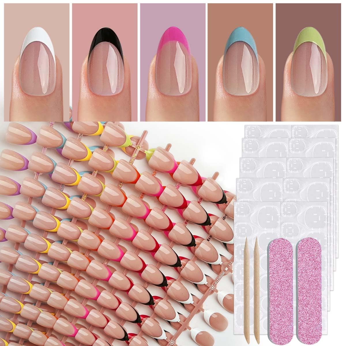HPYFOI French Tip Press On Nails - 9 Colors, Short Almond, 216Pcs
