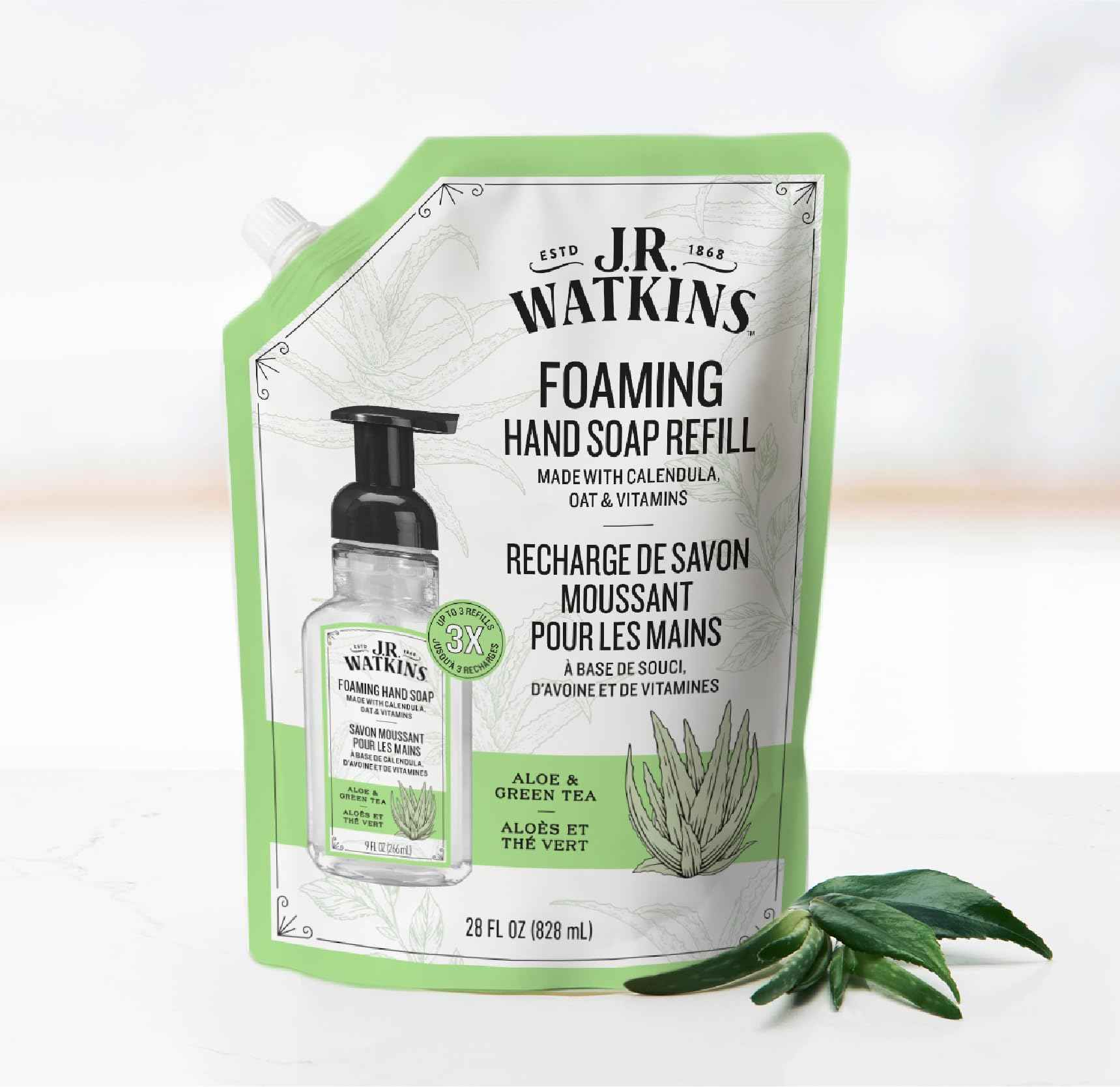 J.R. Watkins Foaming Hand Soap Refill, Moisturizing Foam Hand Wash, Formulated with Plant-Based Cleansers, Alcohol-Free, Cruelty-Free, Aloe & Green Tea, 28 fl oz, 2 Pack