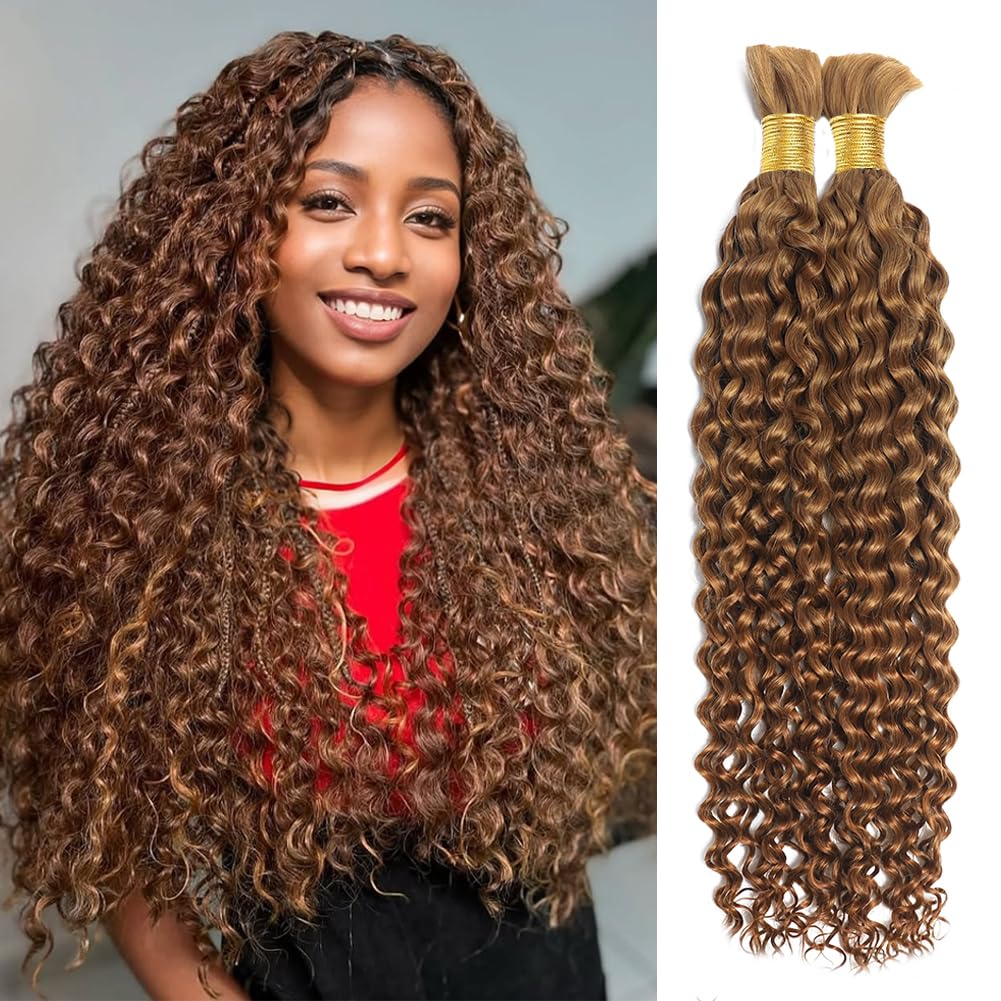 Human Braiding Hair for Boho Knotless Braids Bulk Curly Bundles Human Hair for Micro Braiding Wet and Wavy Water Wave No Weft Human Hair Extension for Box Boho Braids 100g with 2 Bundles 27#（16 inch）