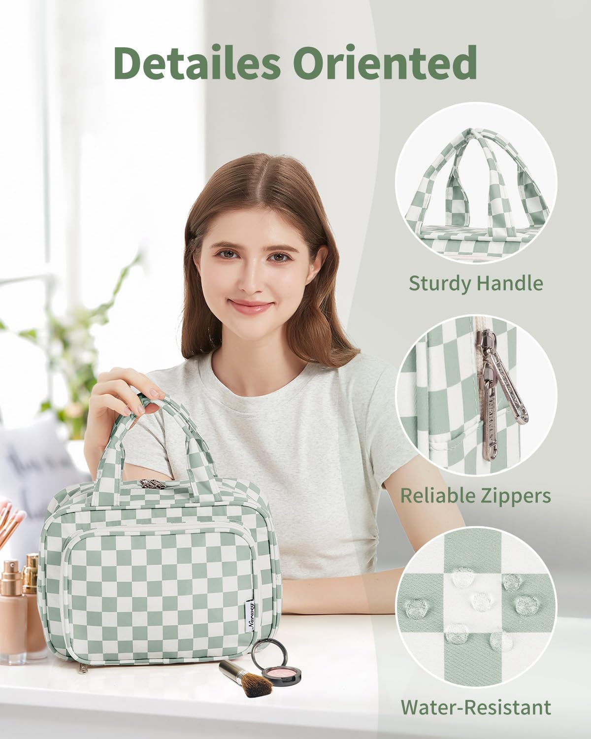 Large Travel Toiletry Bag - Checkered Makeup Organizer for Women | Mint Green