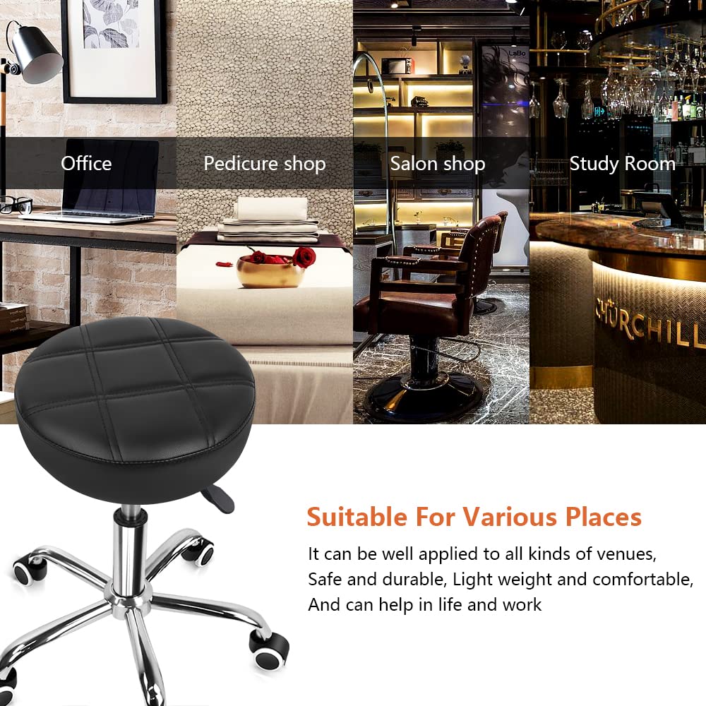 KKTONER Round Rolling Stool PU Leather Height Adjustable Swivel Drafting Work SPA Medical Salon Stools Chair with Wheels Black
