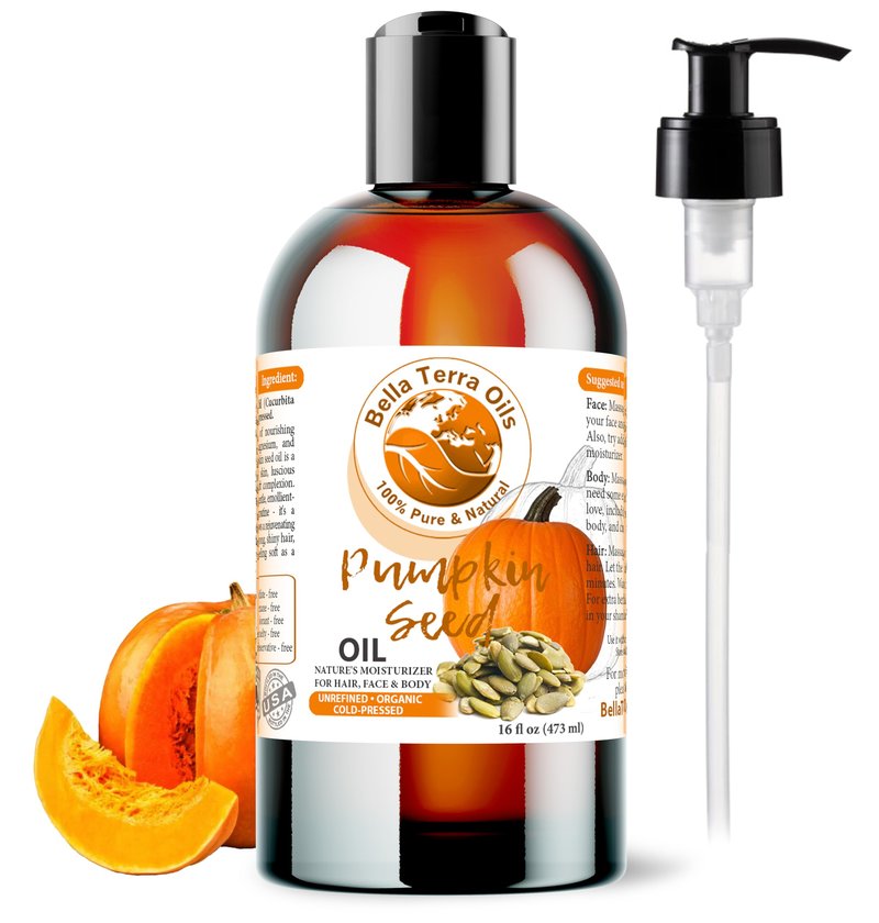 Bella Terra Oils - Natural Pumpkin Seed Oil 16oz - An Ode to Natural Pumpkin's Nutrient Array, Packed with Cucurbitin & Essential Amino Acids, A Skin's Cherished Elixir