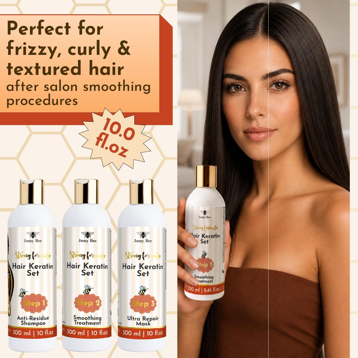 Brazilian Keratin Treatment Kit - Jumy Bee 3 Steps | Formaldehyde-Free At Home Hair Straightening & Smoothing System |Keratina para Alisar el Pelo | Anti-Frizz Repair Mask & Shampoo (10 Fl OZ)