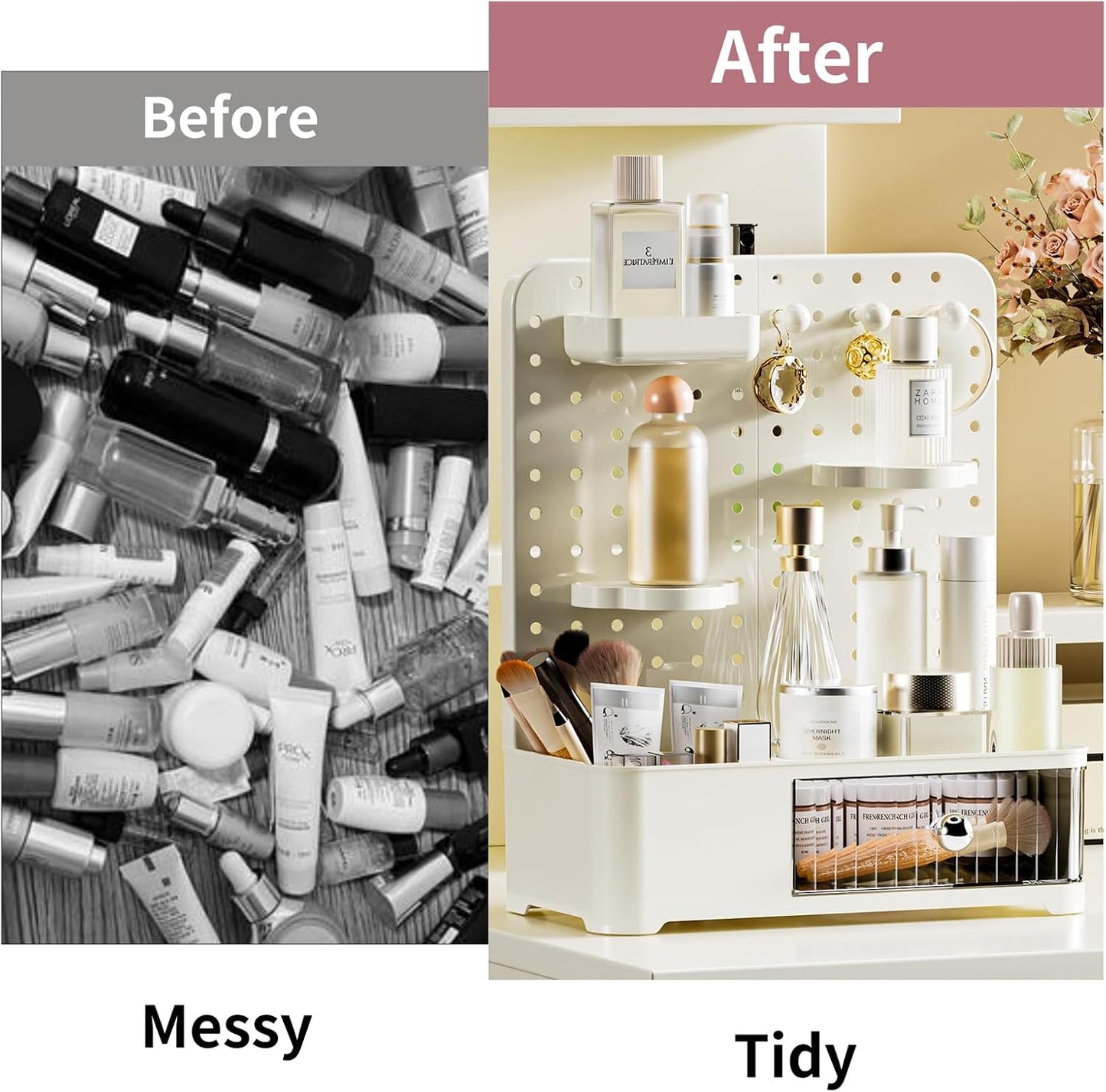 Makeup Organizer - Aesthetic Cosmetic Storage Rack with Adjustable Shelves & Drawer | Cream White