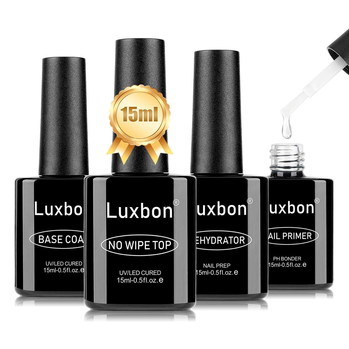 Luxbon 4 Pcs 15ml No Wipe Gel Top Coat and Base Coat Nail Primer Dehydrator Set - Long Lasting, Shine Finish, UV LED Nail Lamp Soak Off Gel Base Top Coat Manicure