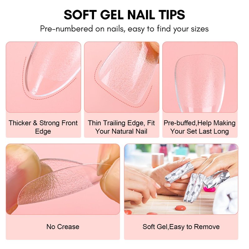 Makartt Nail Glue and Tips Kit: 15ML Solid Gel with Almond & Coffin Pre-Buffed Fake Nails, Portable UV Lamp, Base and Top Coat, Nipper, Cuticle Remover and File for DIY Art Manicure