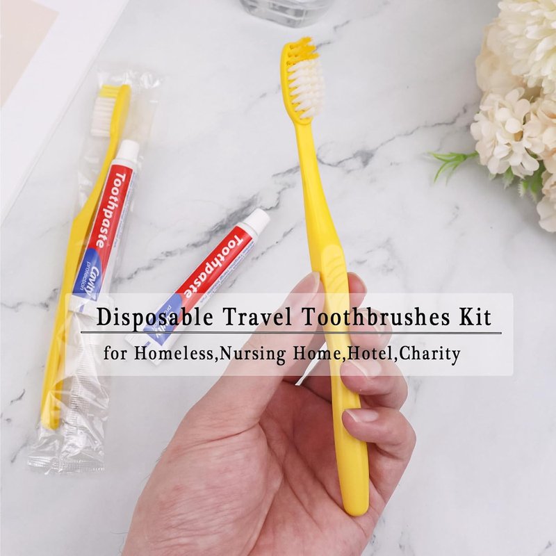 Disposable Toothbrushes with Toothpaste - Bulk Pack of 100 | Individually Wrapped Travel Kits for Hotels & Charities