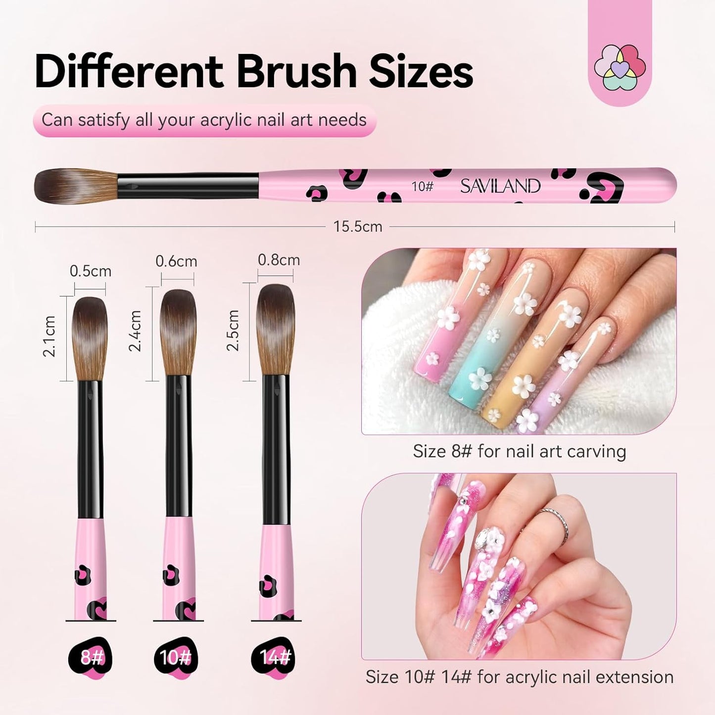 Saviland 3pcs Acrylic Nail Brush Set, Size 8/10/14 Kolinsky Acrylic Nail Brushes for Acrylics Application, Acrylics Powder Nails Art Extension with Black & White Handle for Beginner & Professional