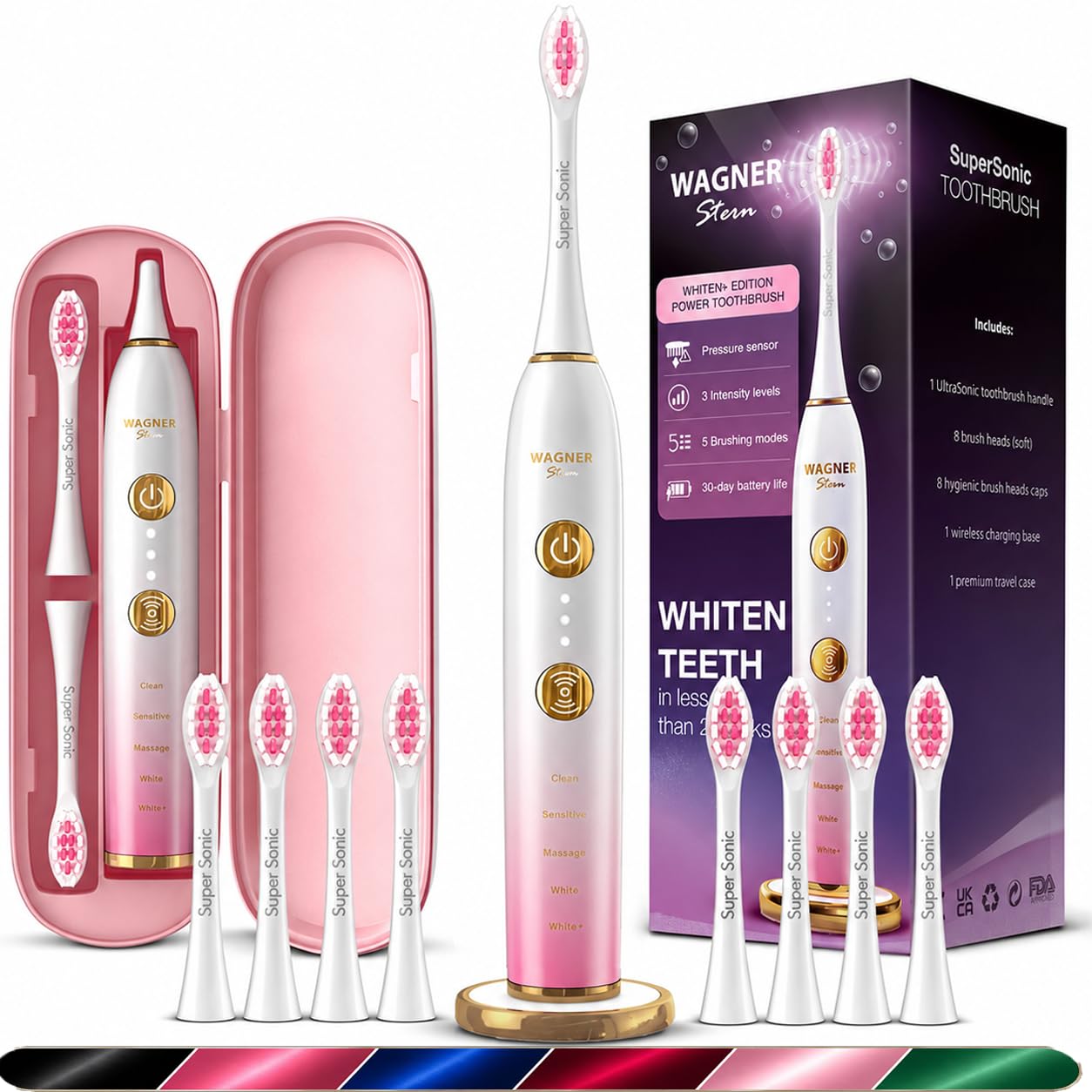Wagner Stern WHITEN+ Electric Toothbrush, 48,000 VPM, Pressure Sensor, 5 Modes, 8 Brush Heads, Travel Case