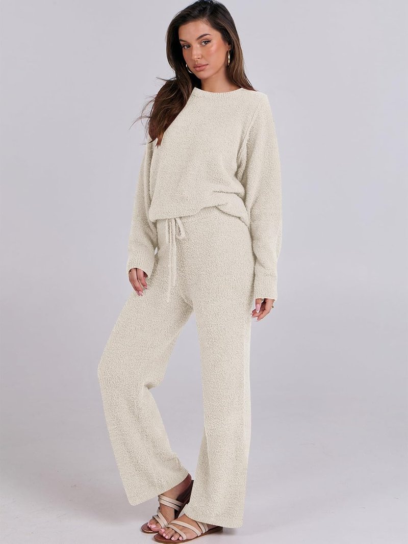 Fuzzy Fleece Pajama Sets for Women - Cozy Long Sleeve Top & Wide Leg Pants | Fall/Winter 2025