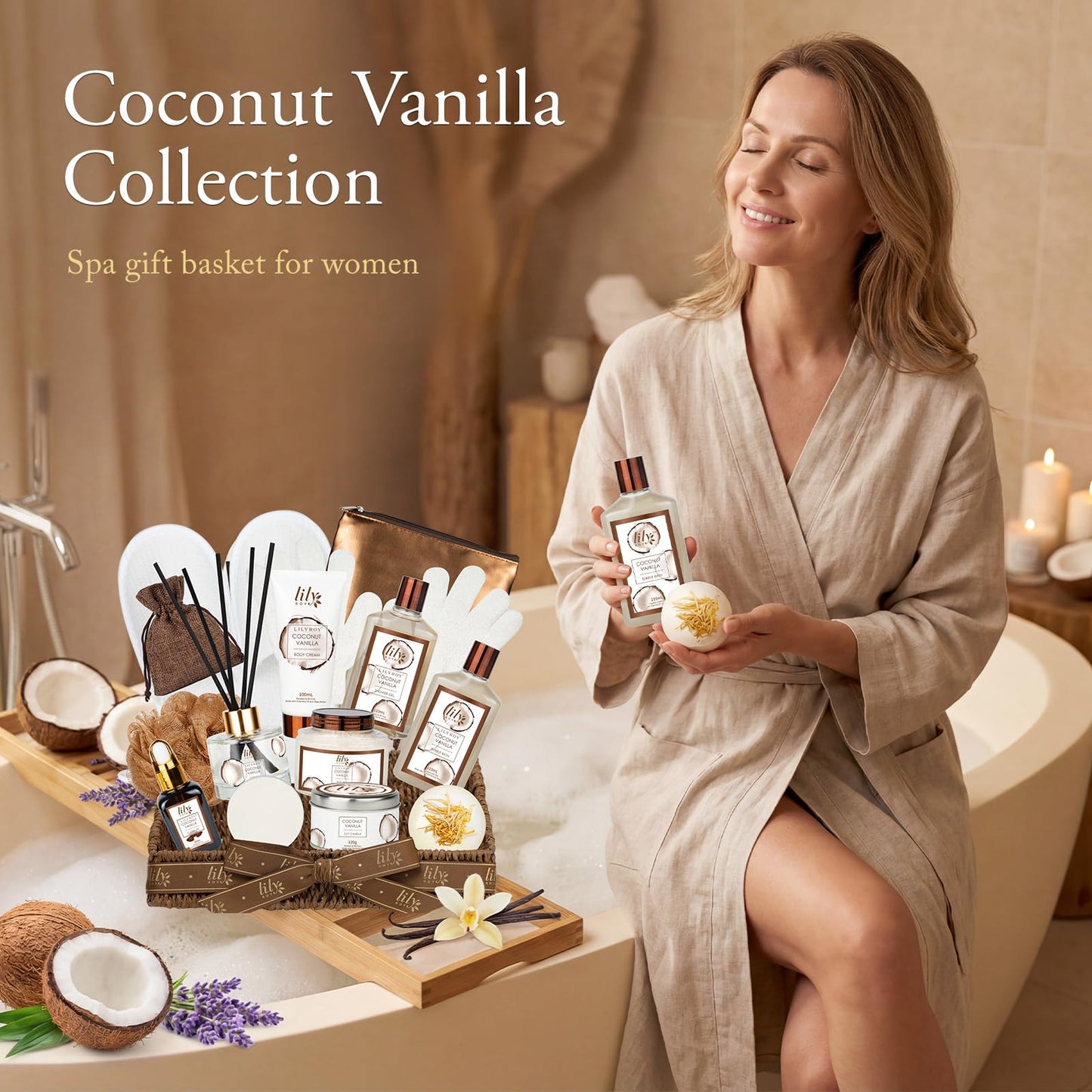 Coconut Vanilla Spa Gift Set, Complete Spa Bath Gift Basket for Women & Men