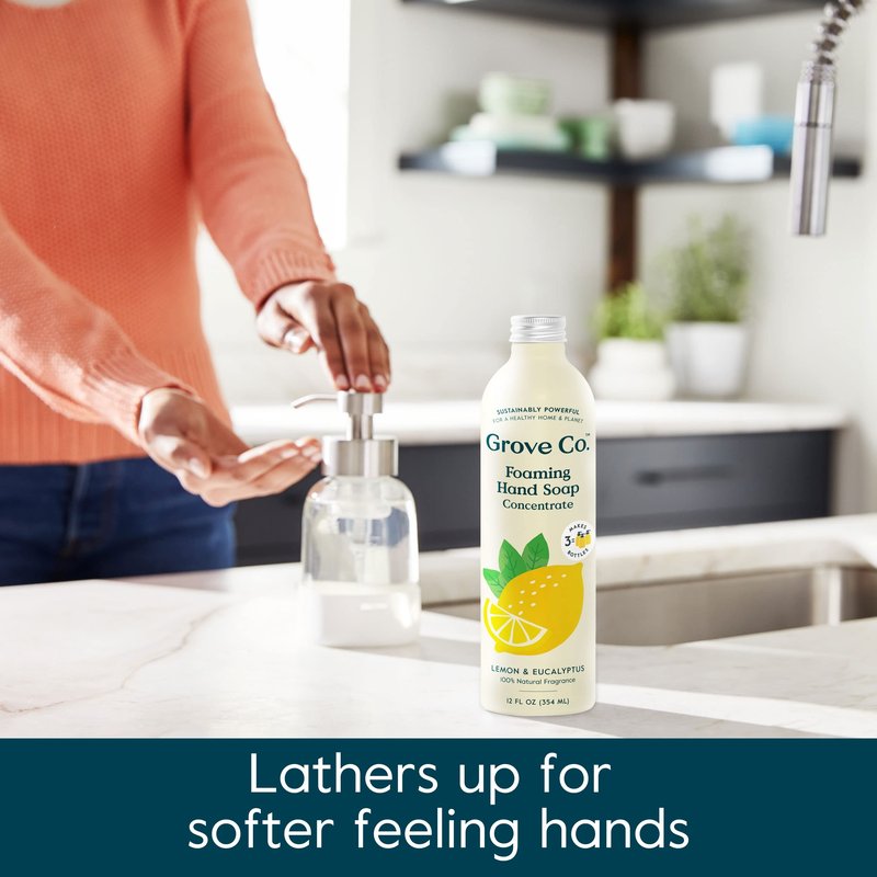 Grove Co. Foaming Hand Soap Concentrate (12 Fl Oz) + Reusable Glass Soap Dispenser, Plastic-Free Liquid Refillable Starter Kit, Natural Lemon & Eucalyptus Fragrance