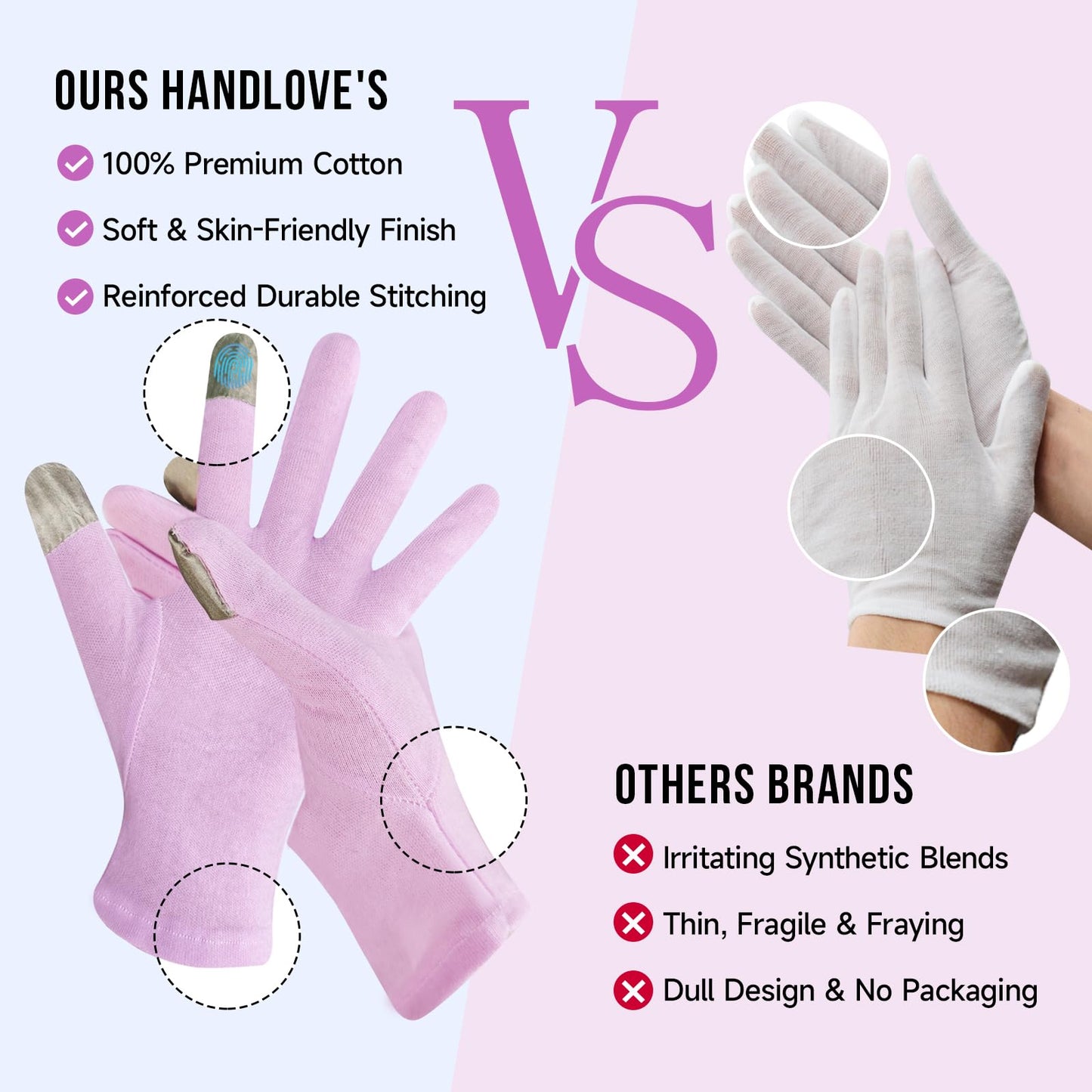 HandLove Premium 100% Cotton Gloves | Moisturizing Gloves for Dry Hands & Eczema | Overnight Sleeping Gloves, Eczema Gloves | Touchscreen Friendly | Baby Pink, 12Pairs