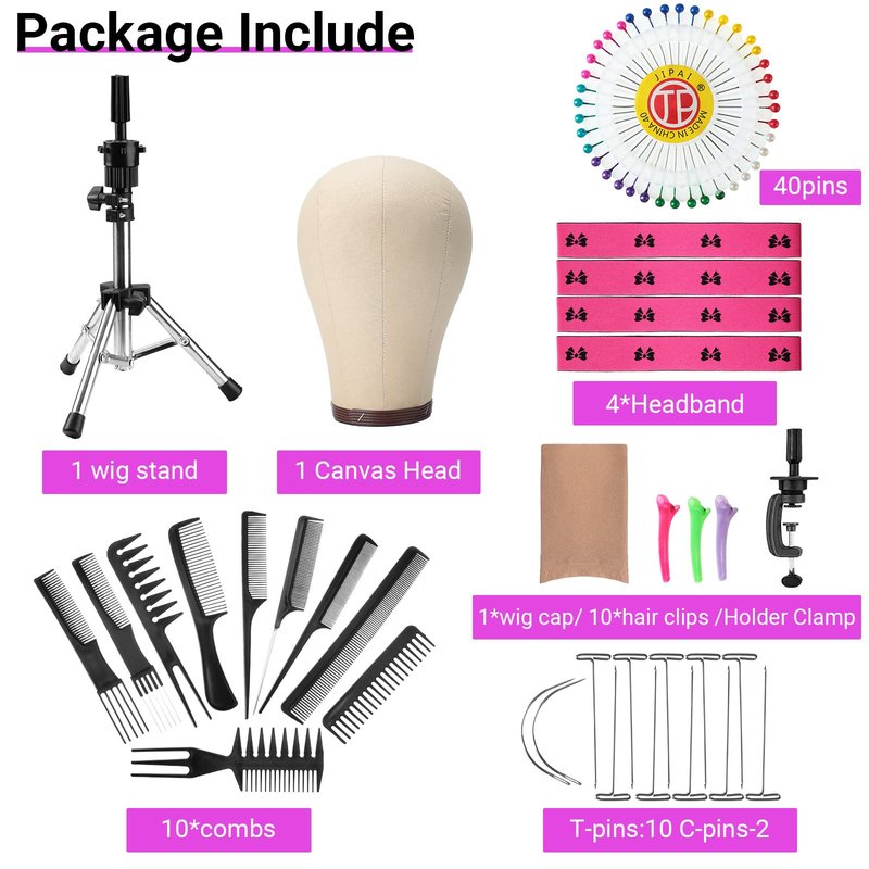 Yahenda 23 Inch Wig Cork Canvas Block Head with Mannequin Tripod Head Stand Wig Holder Stand with Pins Wigs Making Kit and Supplies Accessories for Cosplay Making Wigs Styling Display (Pink)