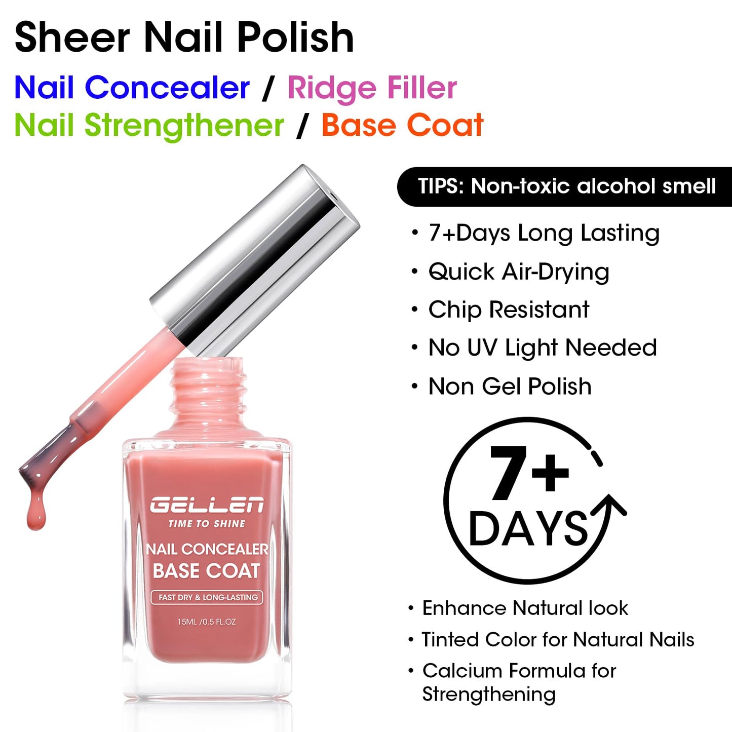 GELLEN 4-In-1 Illuminating Nail Concealer Base Coat Polish Dusty Rose Pink, Sheer Nail Strengthener Ridge Filler for Nails, Calcium Formula Smoothes Strengthens Nails, Quick Dry, Hema Free, Non-toxic