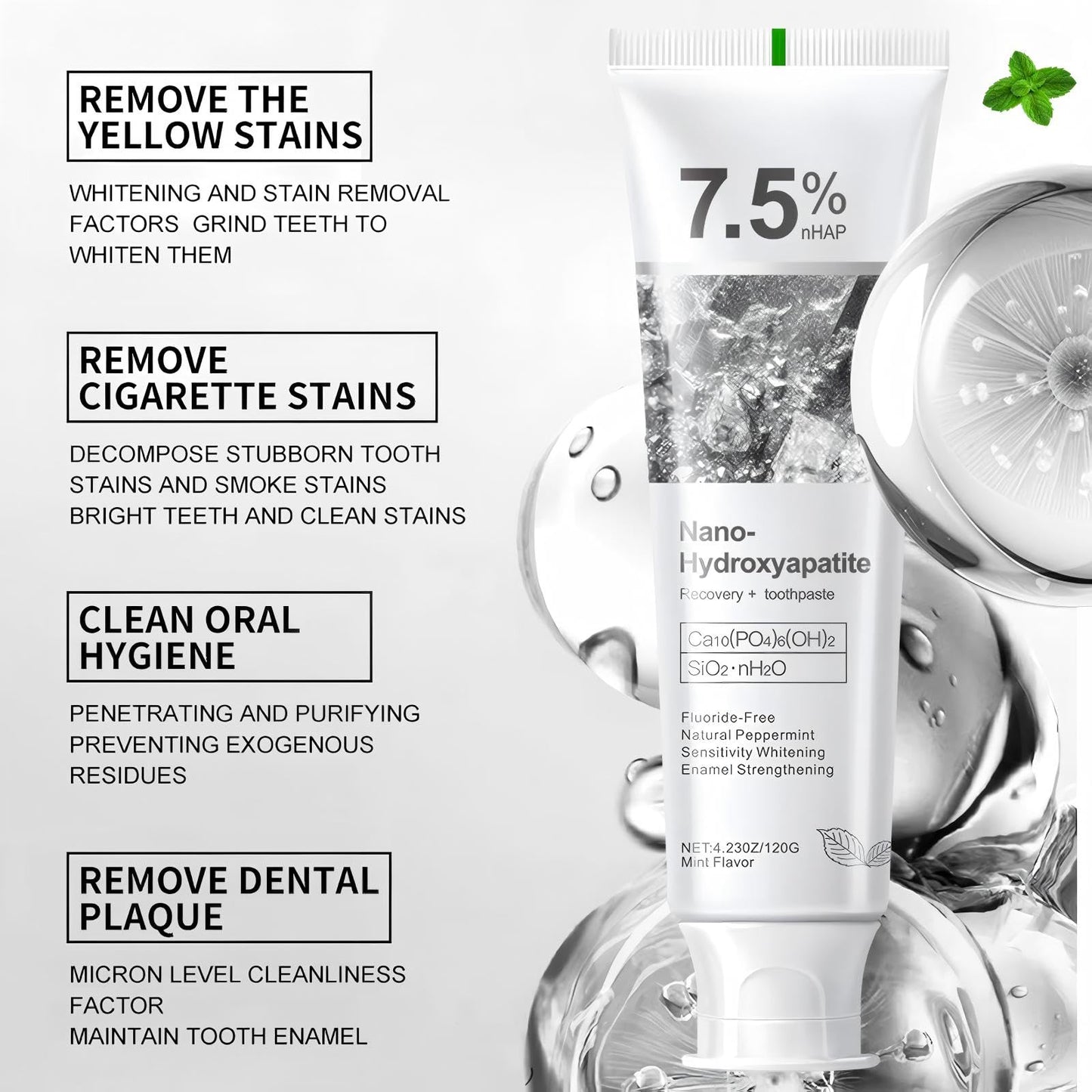 7.5% Hydroxyapatite Toothpaste, 7.5% Hydroxyapatite Toothpaste for Advanced Enamel Protection, Appropriate for Sensitive Teeth, Gentle and Effective Formula, Fresh Mint (3)