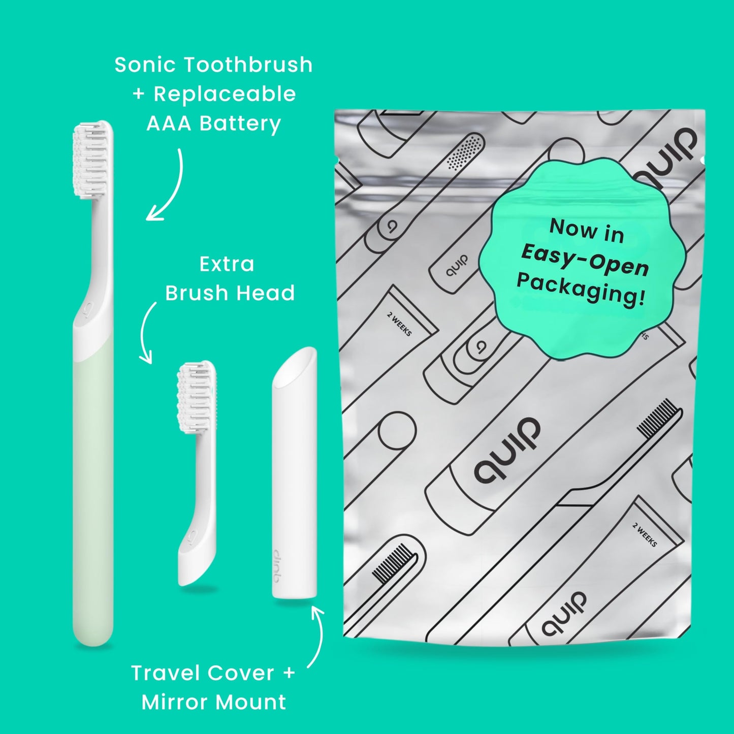 Quip Sonic Electric Toothbrush for Adults with Timer - Includes Travel Case & Replacement Brush Head - 3 Month Battery Life, Plastic Handle - Sage