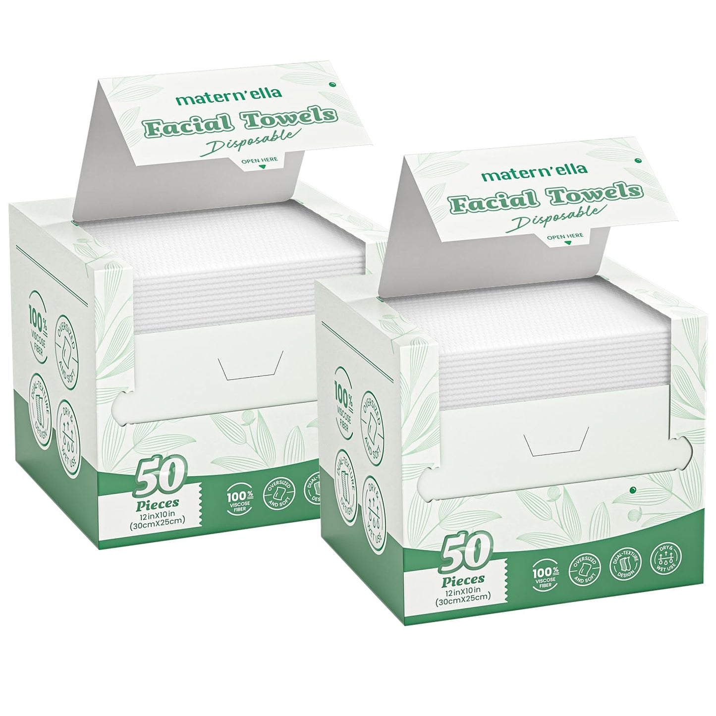 MATERN'ELLA Disposable Face Towels XL Ultra Soft Biodegradable Dry Wipes, Plant-Based Lint-Free Facial Towelettes for Makeup Removal & Sensitive Skin, Premium Texture for Effective Cleansing 2 x 50 Ct