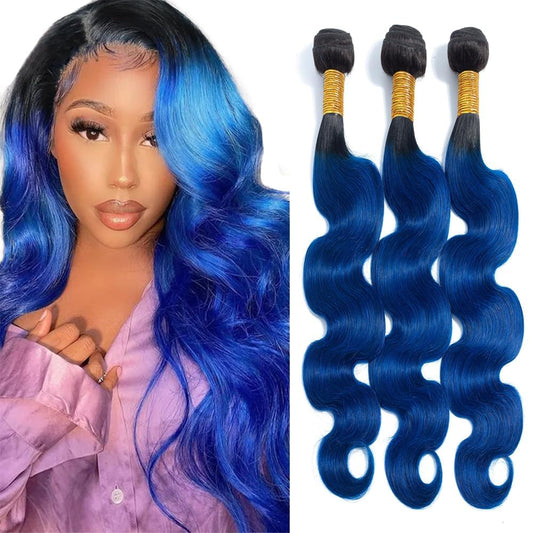 Cklikeb Human Hair Bundles T1B/Blue Color Body Wave Bundles Unprocessed Brazilian Virgin Human Hair 10 12 14 Inch 3 Bundles Quick Weave Human Hair Extensions 300g (T1B/Blue Body Wave, 10 12 14)