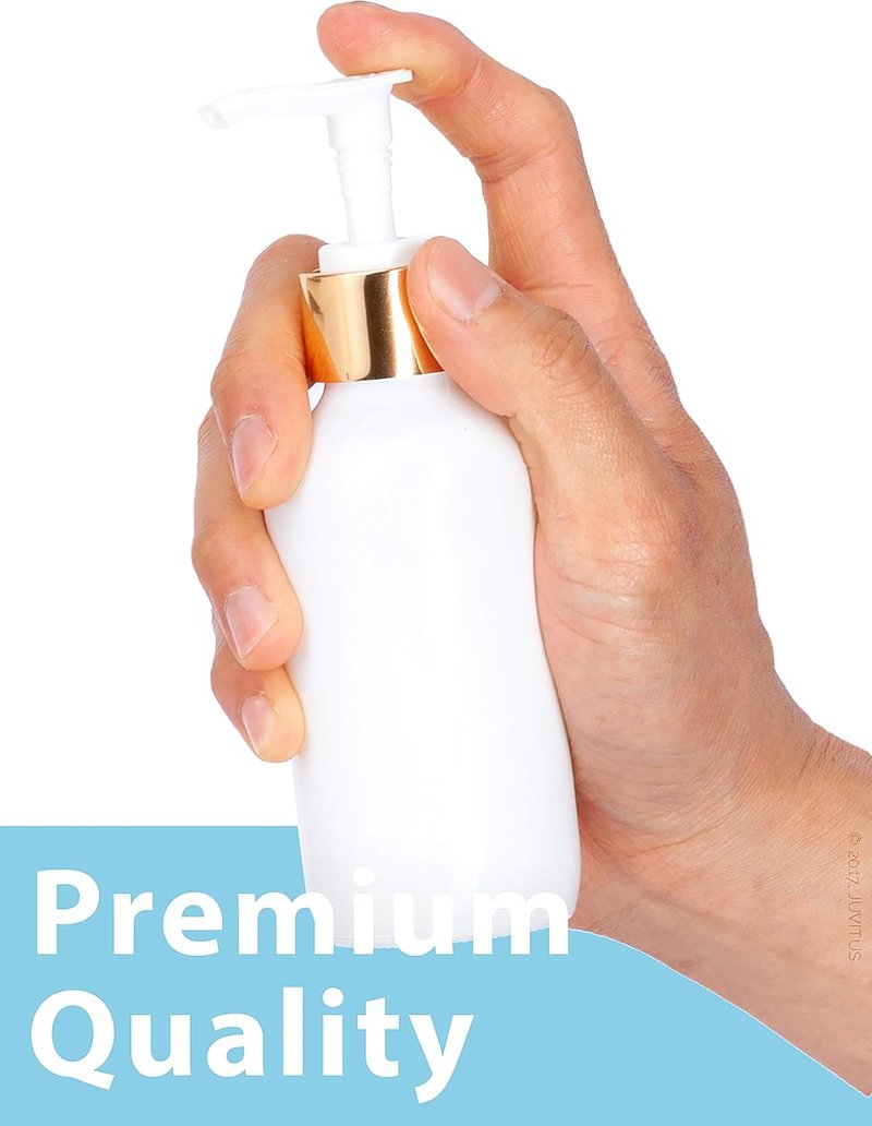 JUVITUS High Shine Gloss White Glass Boston Round Bottles - 4 oz with Gold Lotion Pump | 12 Pack