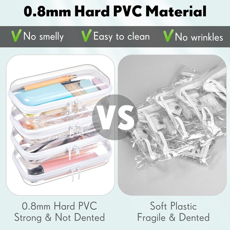 Clear Hard Zipper Pencil Case - 10 Pcs Portable Plastic Storage Bins for Travel & Office | Small, Clear