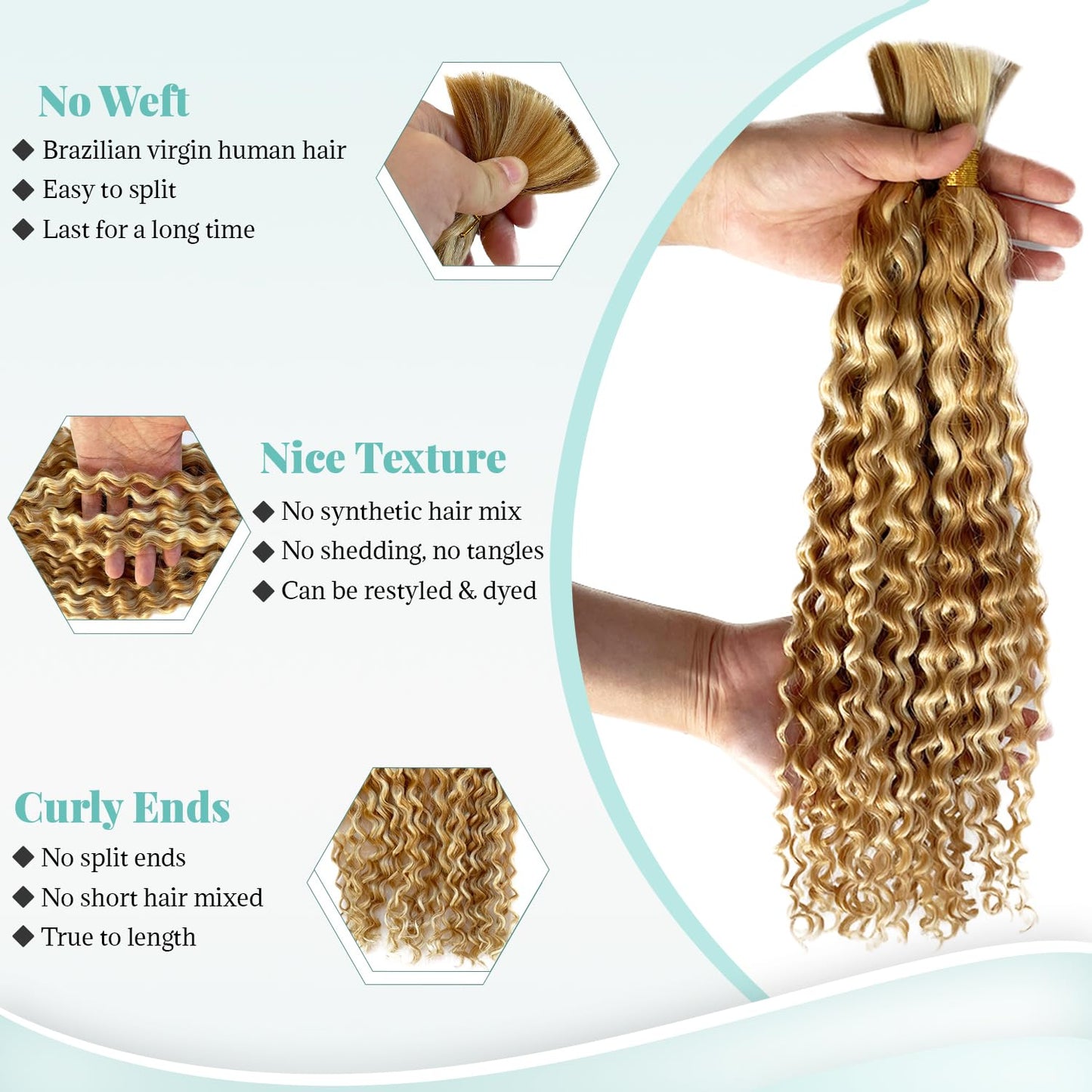 Honey Blonde Highlight Human Braiding Hair for Boho Braids Water Wave Bulk Human Hair for Braiding Ombre Color No Weft 2 Bundles 100G Wet And Wavy Twist Hair Braiding 16 Inch