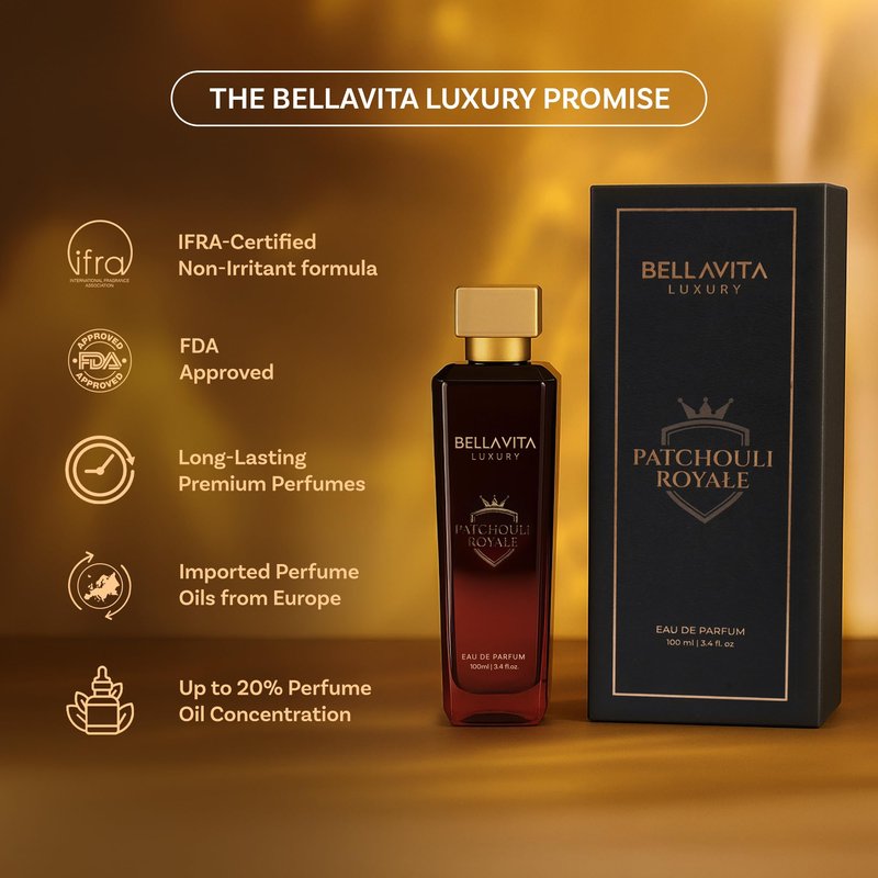 Bella Vita Luxury PATCHOULI ROYALE Men's Fragrance | EDP Perfume for Men | 100 ml pack | 3.4 Fl. Oz. | Sandalwood, Leather and Oriental notes | Gift for Men | Eau de Parfum