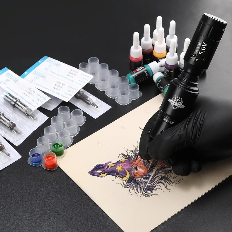 Complete Tattoo Kit for Beginners - Professional Cordless Rotary Machine with 10 Cartridge Needles | Power Supply Included