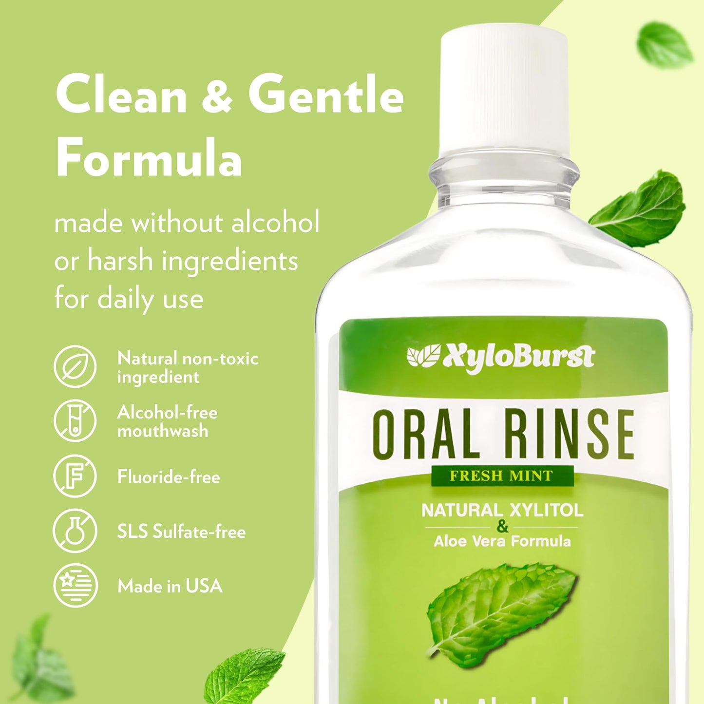 Xyloburst Xylitol Mouthwash, Natural Oral Rinse - Alcohol-Free & Fluoride-Free Mouth Wash, Non Toxic Xylitol Rinse for Fresh Breath, Fresh Mint Flavor, SLS Free, Sugar Free, 3-Pack