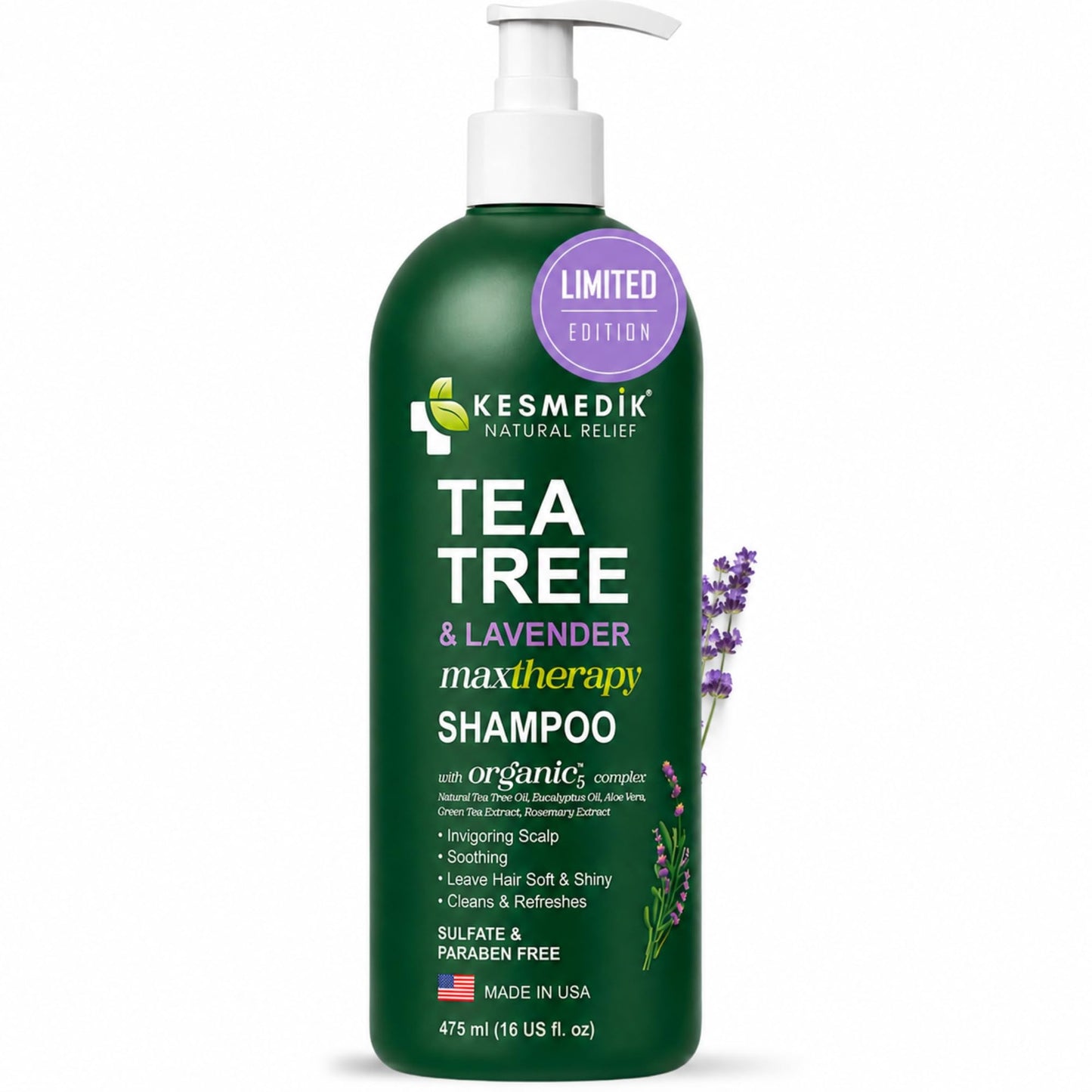KESMEDIK Tea Tree Lavender Eucalyptus Shampoo with MaxTherapy with 100% Tea Tree Oil for Hair, Helps Refresh Itchy Scalp, Deep Clean Oily Hair, Dandruff & Buildup, Sulfate-Free, Women & Men, 16 fl oz