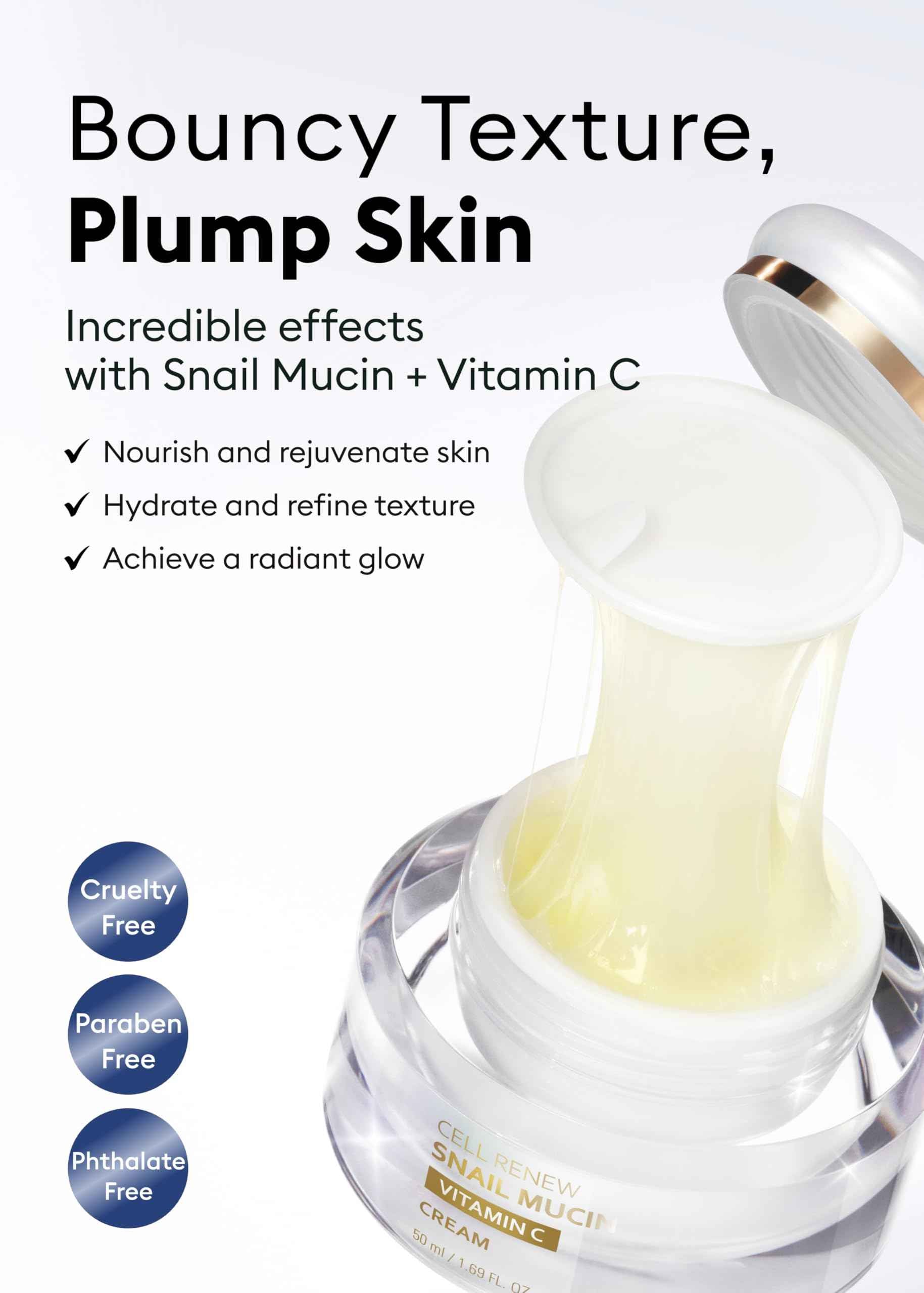 MISSHA Cell Renew Snail Mucin Vitamin C Cream 1.69 Fl oz, Hydrating Snail Mucin, Korean Skin Care for Improved Skin Texture & Youthful Glow, Korean Moisturizer, Kbeauty, Paraben Free