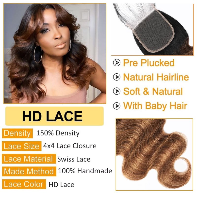 QTHAIR 1B/4/30 Ombre Body Wave HD Closure 18A 4x4 Transparent Color Swiss Lace Closure Brazilian Body Wave Closure Unprocessed Virgin Human Hair Dark Roots 3 Tone 1B/4/30 Wavy Human Hair(14in)