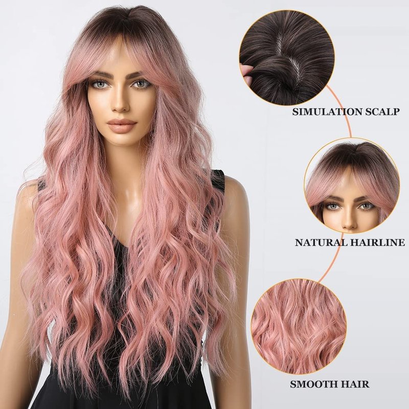 Esmee Long Wavy Pale Pink Wigs for Women Natuaral Synthetic Hair Heat Resistant Ombre Wig for Daily Party Cosplay Use