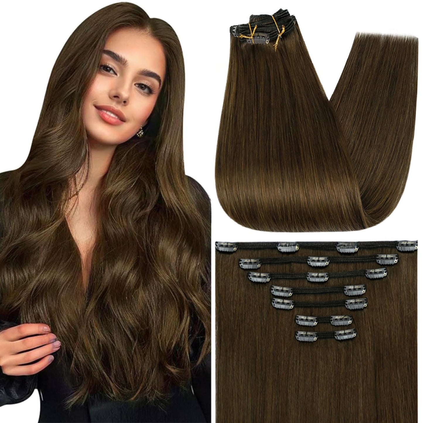 Full Shine Real Hair Extensions Clip in Human Hair Chestnut Brown