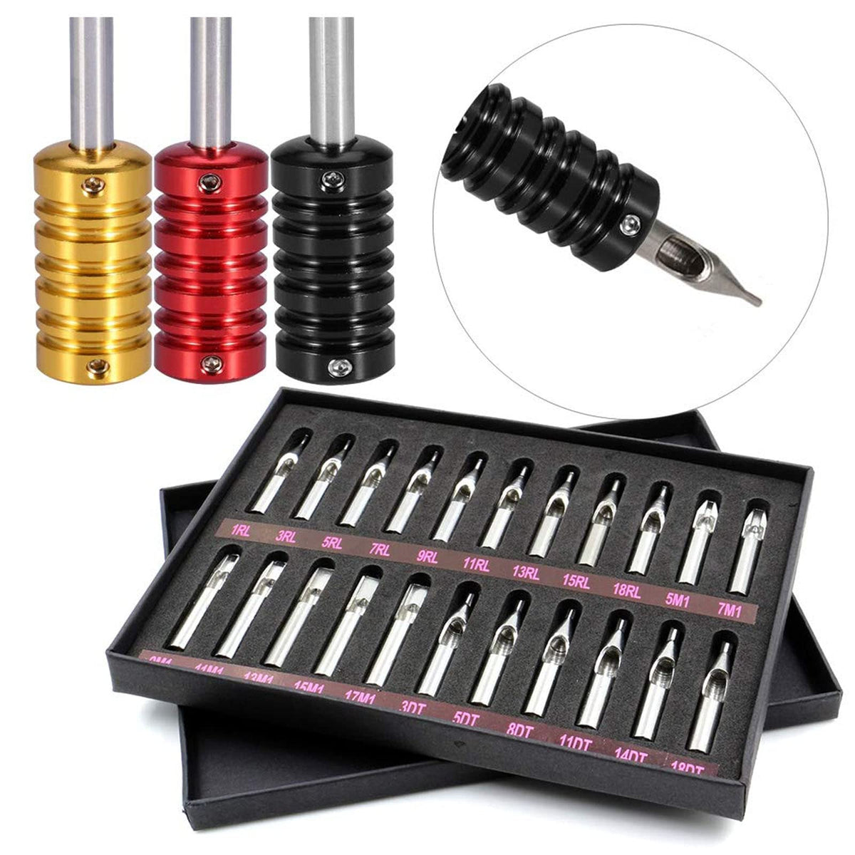 SOTICA Traditional Tattoo Tips and Grips - 3 Pcs Aluminum Grips & 22 Pcs Stainless Steel Tips (Round, Diamond, Magnum, RT, DT, FT Nozzle)