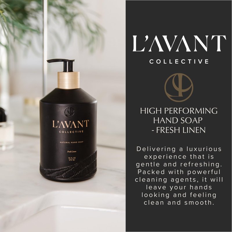 L'AVANT Collective Natural Luxury Hand Soap | Plant-Based, Non-Toxic & Moisturizing, Safe for Kids & Pets, Refillable Glass Bottle with Pump, 16 Fl Oz, Bathroom & Kitchen | Fresh Linen