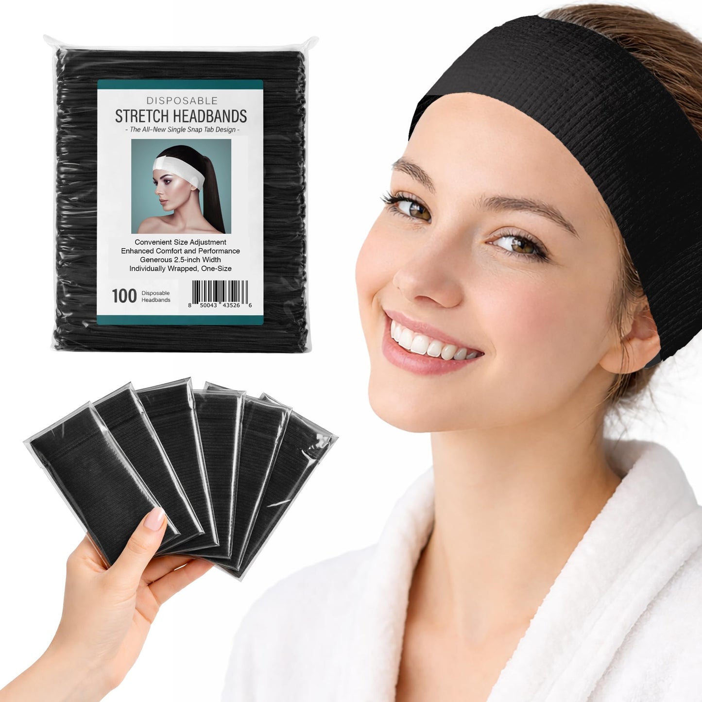 APPEARUS 100 Ct. Disposable Spa Facial Headbands with Convenient Closure (Black)