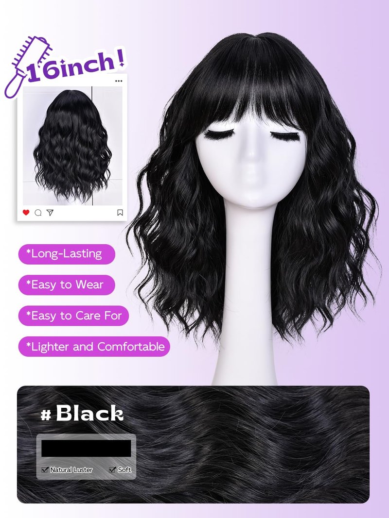 CURLCRAZY Short Wavy Wig with Bangs for Women Black Curly Wigs Natural Wavy Synthetic Wigs for Daily Party Cosplay 14inch